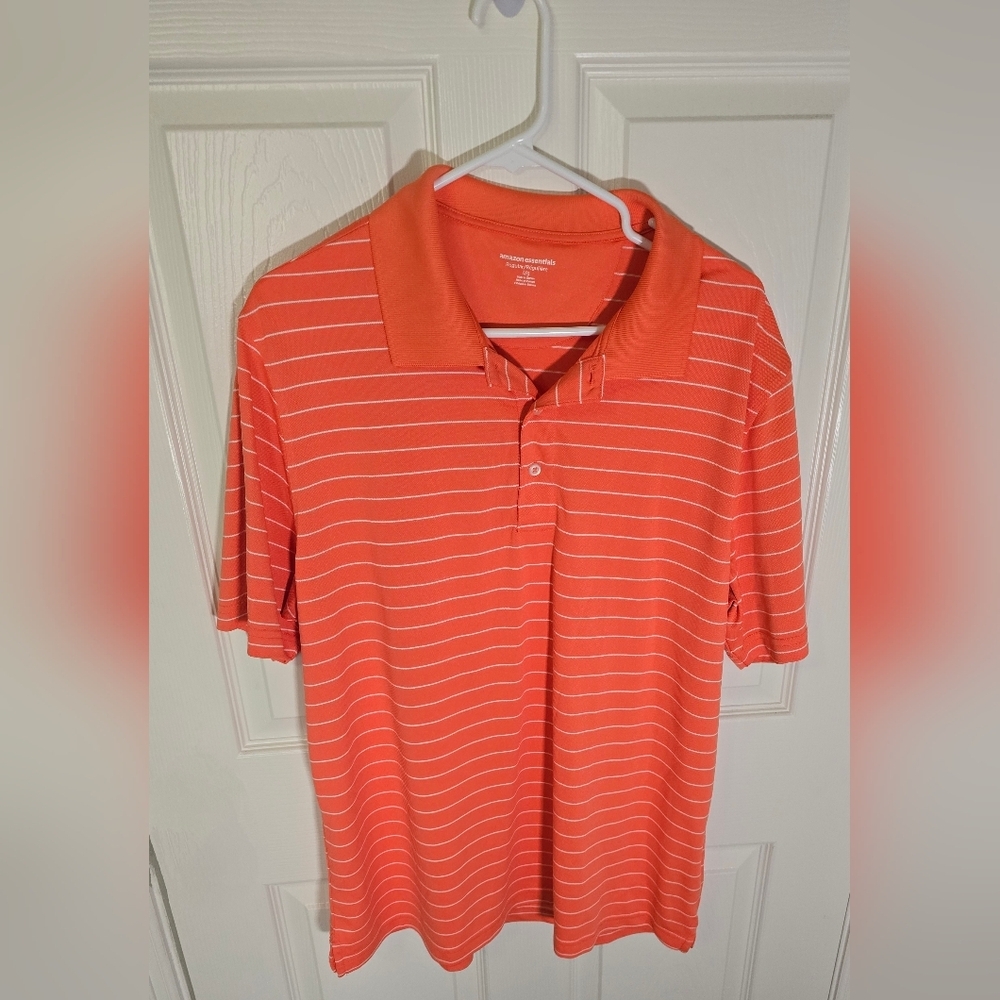 Amazon Essentials Mens Orange Striped Polo Collared Athleisure Top Large